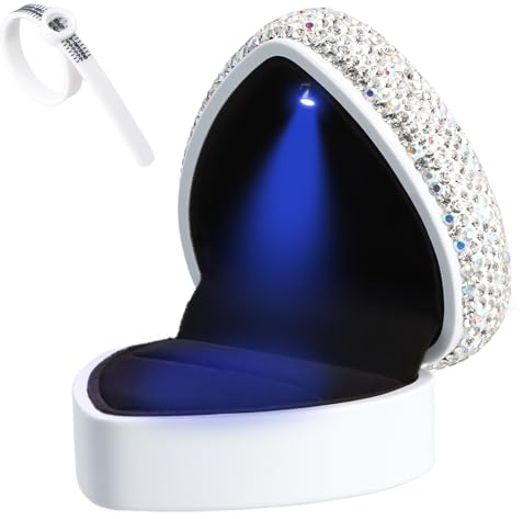 Jinlaili Ringbox mit LED, Ringschachtel Hochzeit Strasssteine, Samt Ringschatulle mit Ringgrößenmesser, Ring Präsentationsbox, Ring Geschenkbox für Verlobung Hochzeit Zähler Display, 72x67x45mm (Weiß)
