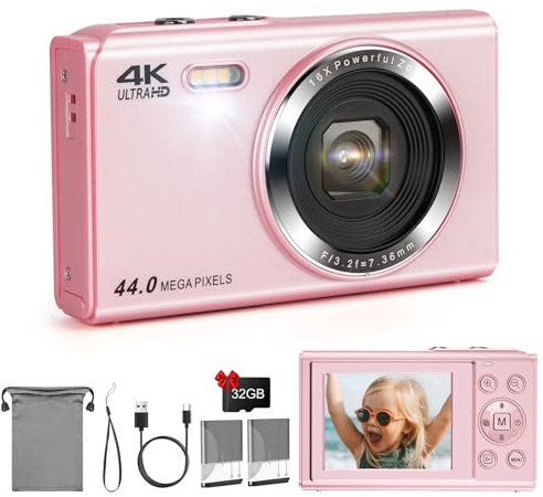 SOPPY Digital Camera,Vlogging Camera with 32G Memory Card,FHD 1080P 44MP Compact Camera,2.4 LCD Screen Rechargeable Camera with 16X Digital Zoom, Mini Camera for Kids Boys Girls Beginners, Pink