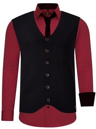 Rusty Neal Herren Hemd Weste Krawatte 3er Set Hochzeit Party Oberteil Outfit Kontrasthemd & Schwarz Weste & Krawatte Einfarbig S M L XL XXL 3XL 4XL 5XL 6XL Set 44_412_99, Größe:M, Farbe:Bordo