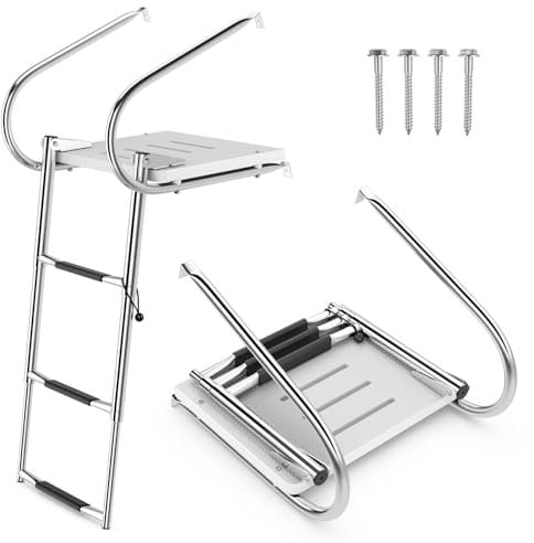 COSTWAY Scala Telescopica per Barche a 3 Gradini, Scala Pieghevole con Gradini e 2 Corrimani, Scala per Piscina in Acciaio Inox Carico 227 KG