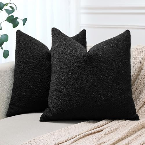 JOTOM 2er Set Boucle Kissenbezüge, Dekorative Weich Einfarbig Wurf Kissenbezug Moderne Kissenhüllen Sofakissen Dekokissen Zierkissenbezug für Wohnzimmer Schlafzimmer Deko (60x60cm, Schwarz)