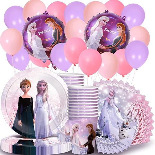 Shamoparty 80Stk Partygeschirr-Prinzessinnen Elsa und Anna, 20 Personen Königin Eiskönigin Party, Enthalten Teller, Serviette,Tasse,Luftballons,für Mädchen Geburtstag Partygeschirr Dekoration