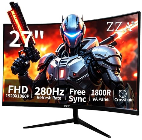 ZZA Monitor curvo da gioco da 27 pollici, 180 Hz/240 Hz/280 Hz, Full HD 1080P, Display Eye-Care con Hdmi, DP, senza cornice, Freesync, compatibile con montaggio a parete per ufficio e casa.