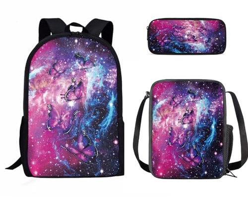 HUGS IDEA Schulranzen-Set für Teenager, Jungen, Mädchen, Kinder, Rucksack, Mittel-/Oberschultasche, Grundschüler, Büchertasche, 3-teilig, Galaxy Butterfly