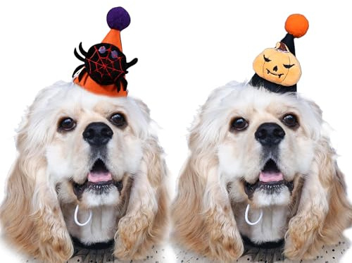 LERTREEUK 2 Stück Halloween Haustier Hut Einstellbare Pom-pom Kegel Hut mit Kürbis Spinne Kopfbedeckung für Welpe Katze Hunde