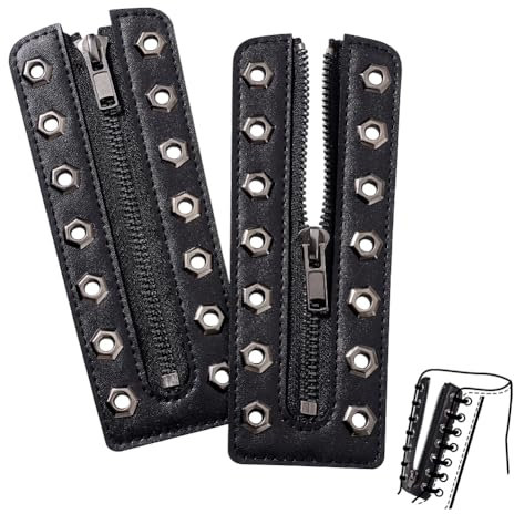 PH PandaHall 2pz Inserti con Cerniera per Stivali con Lacci in Pelle, Lacci per Scarpe Senza Lacci Neri con 7 Occhielli e Cerniera, Lacci per Scarpe Da Ginnastica Fai Da Te, 16x6cm