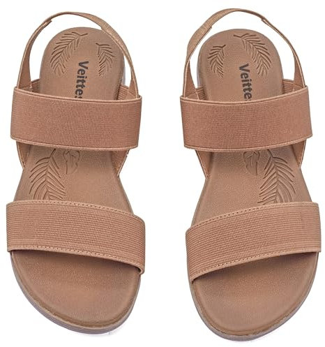 Veittes Sandales femme confortable décontracté cheville élastique sangle double bandes chaussures d’été plates.(2107021,BR/MF,38.5)