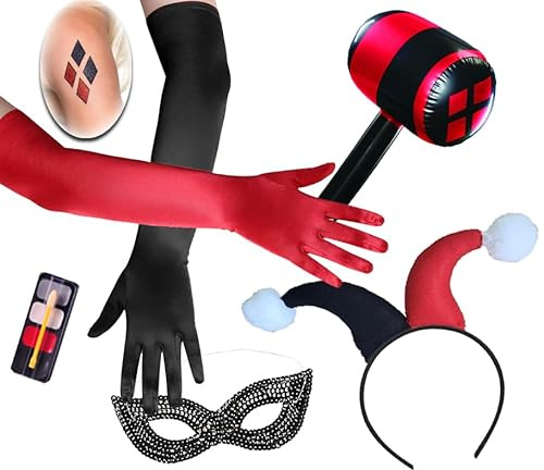 Sanctuarie Designs Harlekin-Harlequin-Schlägel, Stirnband, Tattoo-Maske, Handschuhe, Make-up (7-teiliges Set)