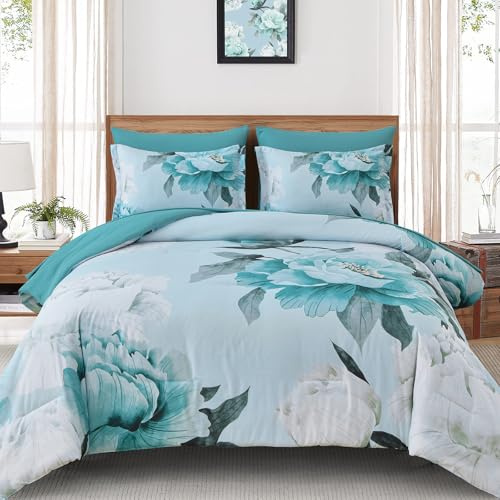 Dobuyly Bettwäsche-Set mit Blumenmuster, Kingsize, 7-teiliges Bett in Einer Tasche, Aqua-Blumen auf hellblauem Bettdecken-Set mit Laken, weiche Mikrofaser, botanisches komplettes Bettwäsche-Set für