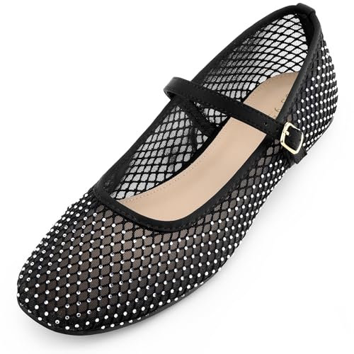 Perphy Rhinestone Mesh Ballet Flats Buckle Strap slip on Ballerina Shoes Mary Jane Flat for Women Black 5 UK/Label Size 7 US