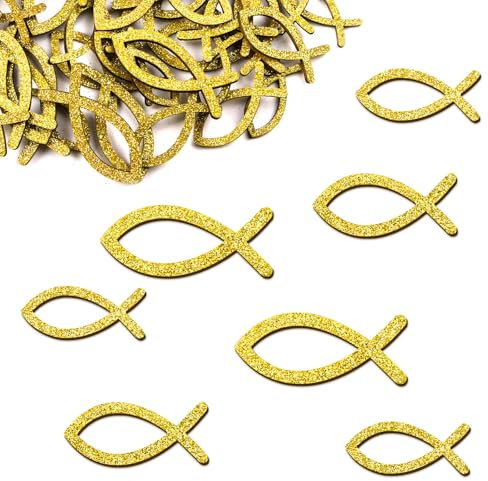 MEJOSER 60 Stück Holz Kommunion Deko 5/4/3.5cm mit Glitzer Konfirmation Taufe Tischdeko Fische Konfetti Holzfisch Deko Streudeko Erstkommunion Deko für Junge Mädchen Gold mit Box (Gold)