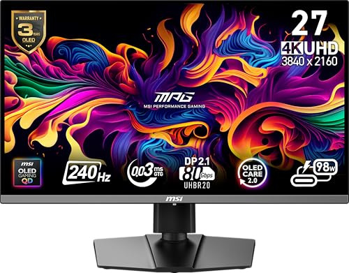 MSI MPG 272URX QD-OLED 27 3840 x 2160 (UHD) Monitor per computer, 240Hz, sincronizzazione adattiva, HDMI, porta DP, montaggio VESA, inclinabile, altoparlante, 0,03 ms, nero