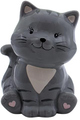 Spardose Katze, Katzenspardose, Kindersparbüchse Katze, Sparschwein Katze, Sparfigur, Kinderspardose, Spartier, Sparkatze, Dekokatze mit Sparfunktion aus Keramik in grau, L/B/H 10 x 12 x 16 cm.