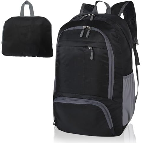 FENGZIZH Foldable Lightweight Travel Backpack, 30L Waterproof Rucksack for Men and Women, Durable Daypack for Hiking, Camping and Outdoor Adventures (Black)