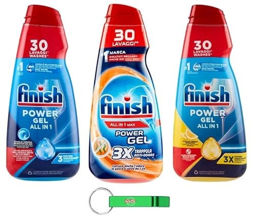 Paquete de prueba Finish Powergel líquido para lavavajillas multifuncional, efecto desengrasante, 30 lavados, 3 x 600 ml + llavero Beni Culinari gratis