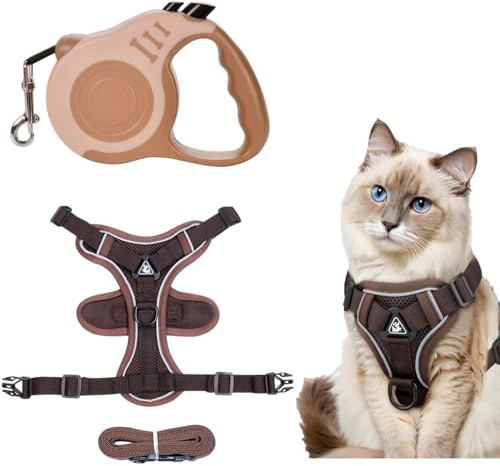 Katzengeschirr mit Leine Ausbruchsicher, 2er-Set Verstellbares Katzenleine & Geschirr, Atmungsaktives Mesh mit Reflektierenden Streifen 5 Meter / 16 Zoll Zugseil,Geeignet für 4-9 kg(M, Kaffee)