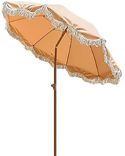 2m Coffee Luxury Tassel Garden Patio Parasol Vintage Beach Tilt/Fold/Height Adjustable - UV Protection Market Umbrella