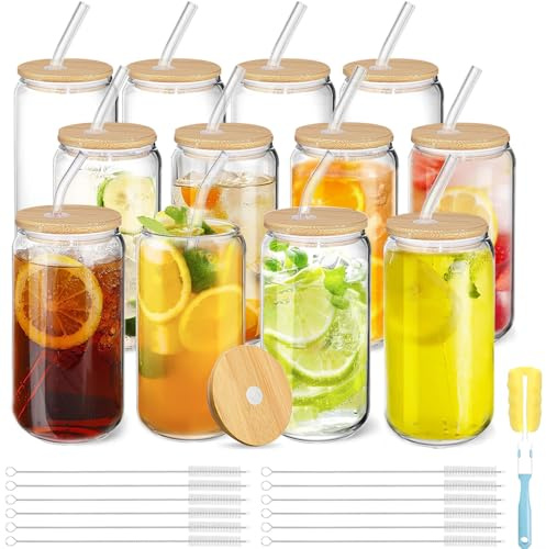 Goanueei Glass Cups with Lids and Straws 12 Pcs 16 oz Iced Coffee Cups Set | Reusable Beer Can Shaped Glass Tumbler, Drinking Glasses for Smoothies, Tea Water Matcha Cup, Juice, Soda, Cocktail