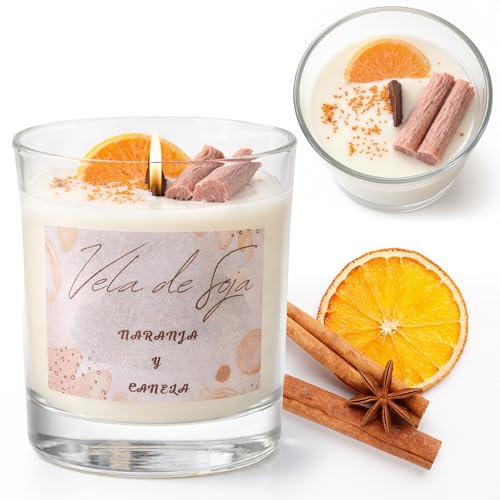 VICEMA Vela Aromática Perfumada con Cera de Soja Ecológica, Fabricación Artesanal en ESPAÑA, Aromaterapia y Decorativa, en Vaso de Cristal, Aroma a Naranja-Canela