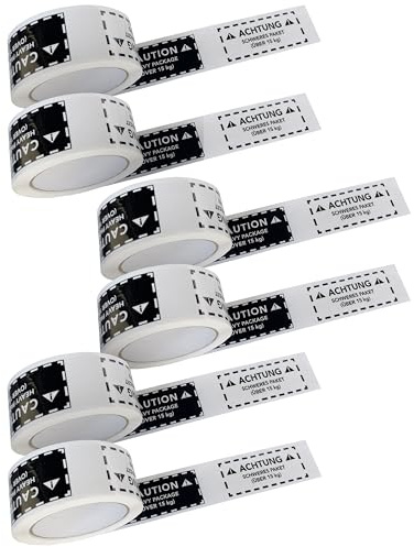 NietFullThings Paketband 6 Stück – „Achtung schweres Paket über 15 kg/Caution Heavy Package over 15 kg“ Klebeband weiß/schwarz, stabiles, leise abrollendes Verpackungsband 50 mm x 66 m