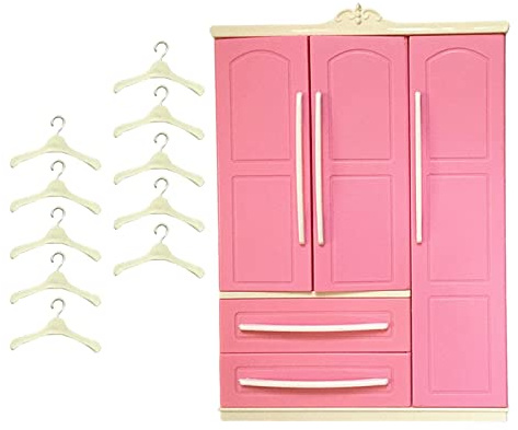 Puppengarderobe mit 10 Kleiderbügeln, Kleiderorganisation für Puppenhaus, Aufbewahrungsschrank mit Schublade- 10 × Garderobe