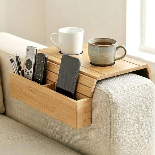 Ecofocet Sofatablett Armlehne, Armlehnen Tablett Flexibel und Faltbar | Bambus Sofa Tablett mit Getränkehalter und Fächern, Anti-Rutsch, für Tassen, Snacks, Telefon, Fernbedienung, 42×32 cm