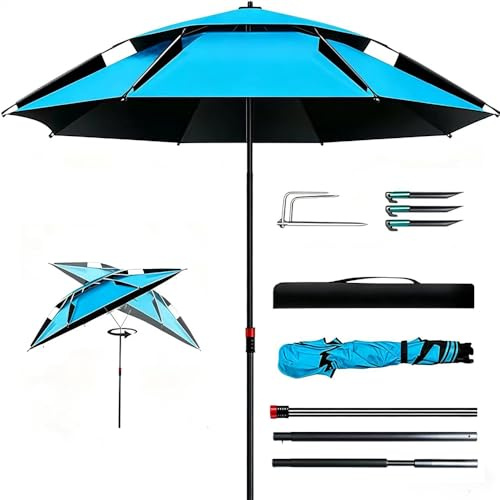 Sonnenschirm Strand Windfest Stabil, Angelschirm, 360° frei dreh, Verdickte Glasfaserrippen, UV-Schutz Wärmeisolierung, Atmungsaktives Doppellag-Design für Balkon, Garten, Terrasse, Strand (Blau)