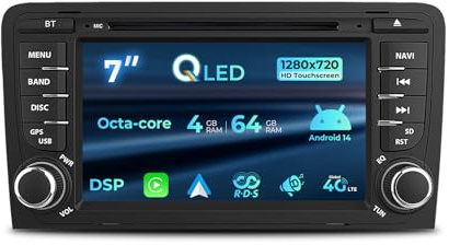 Autoradio für Audi A3 S3 RS3 8P mit CD/DVD Player, 8core 4+64GB 7 Zoll Car Stereo Radio Eingebautes Wireless Carplay & Android Auto GPS Navi WiFi 4G Bluetooth RDS DSP DAB+ (optional)