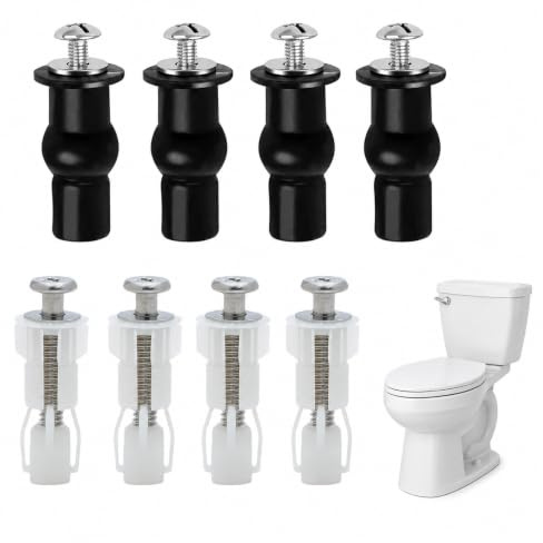 ARYIMYDP 4 Pezzi Kit Fissaggio Tavoletta WC, Viti M5 con Tasselli Gomma e Nylon, Fissaggio Universale Nero&Bianco, Elimina Oscillazioni e Previene Graffi alla Ceramica