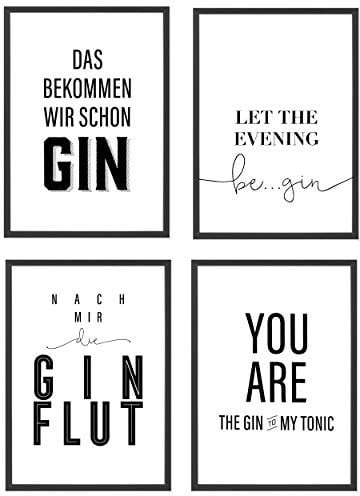 Heimlich® Premium Poster Set mit Bilderrahmen Holz Schwarz | 4 x DIN A4 - ca. 21x30 | Stilvolle Poster Collagen mit passenden Motiven als Wandbilder Wohnzimmer » Gin Lover «