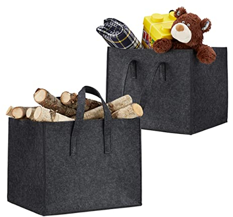 2X Kaminholzkorb aus Filz, 2 Griffe, zum Tragen, faltbar, belastbar, flexibel, Filzkorb, HBT: 35 x 43 x 37 cm, anthrazit