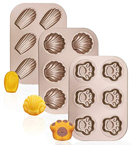 Beasea 3 Pack Madeleine Pans, 10x7 Inch 6 Cavity Nonstick Cat Shaped Cake Cookies Pan Carbon Steel Madeleine Mold Shell Madeline Pan