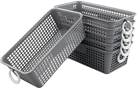 Cadineer 6 Packs Storage Basket with Handles, Plastic Grey Baskets, Small Baskets