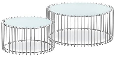 Menzzo Ensemble de 2 Tables Basses Universe Verre Blanc et Métal Gris