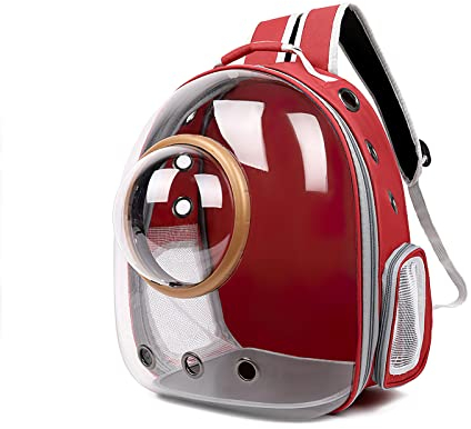 Galatée Katzen Rucksack Träger, Hund, Haustier Rucksack Blasen Rucksack, wasserdichte, Klare Haustier Kapseltasche Im Freien, Raumkapsel Haustier-Rucksack Belüften(Rot, Transparente Abdeckung)
