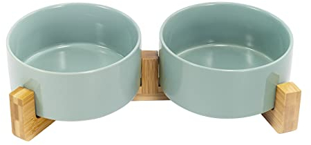 SPUNKYJUNKY Gamelle Double en Céramique avec Support en Bambou pour Chats et Chiens (850ml, Vert Clair)