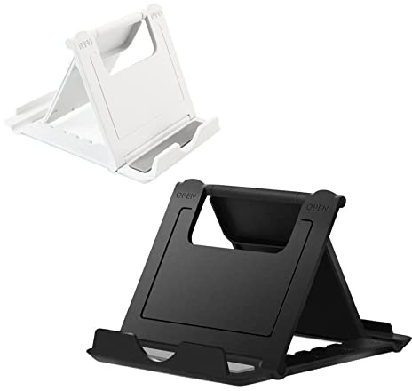 Kemoxan 2 Pack Portable Cell Phone Stand Holder for Desk, Foldable Pocket-Sized Mount, Universal Adjustable Desktop Mobile Phone Kickstand Compatible with iPhone IPads Kindle Android Black & White