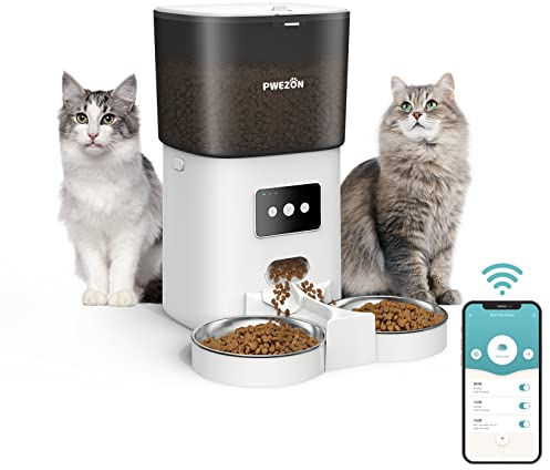 Distributeur Croquette Chat Automatique, PWEZON 6L Mangeoire Chats Automatique WiFi avec 2 Bols, Contrôle d'APP, 10s Enregistreur Vocal, Réglage de Minuterie
