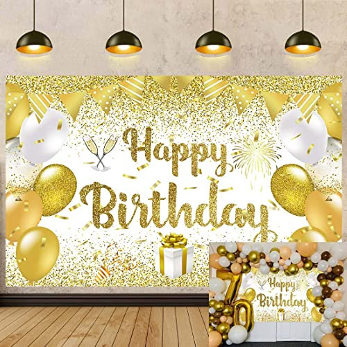 Gold Happy Birthday Banner Hintergrund Glitzer Pailletten Goldener Ballon Champagner Geburtstag Fotografie Hintergrund für Kinder Männer Geburtstag Party Dekoration Lieferungen 7x5FT