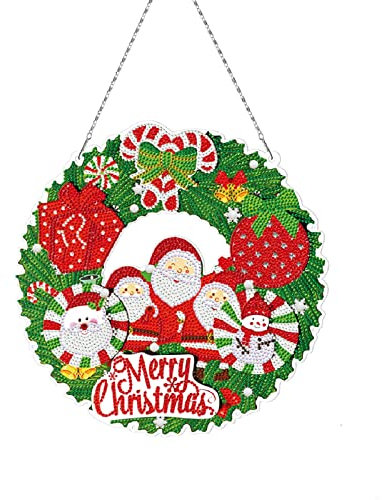 NSXIN 5D Diamond Painting Weihnachten Deko, DIY Diamant Malerei Bilder Kit Weihnachtskranz mit LED-Licht, Handwerk Applique Mosaik für Haustür Wand Fenster Weihnachtsdekor (A11)