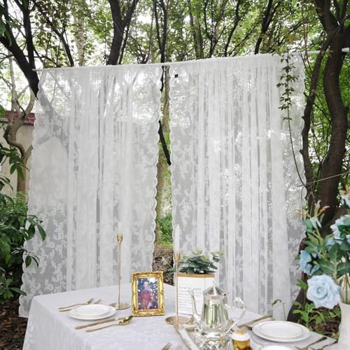 Primst White Floral Embroidered Lace Sheer Curtains with Curtain Tieback, Rod Pocket Window Voile Drapes for Living Room Bedroom Wedding Stage Decor (59W x 59L Inch, 2 Panels)