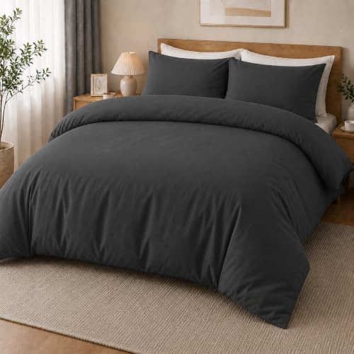 MOONLIGHT20015 Super King Duvet Set Brushed Microfibre Charcoal Bedding Set | Solid Soft Quilt Cover with 2 Pillow Cases, Premium Breathable Bed Sets, Machine Washable – Ideal for Home and Hotel Uses