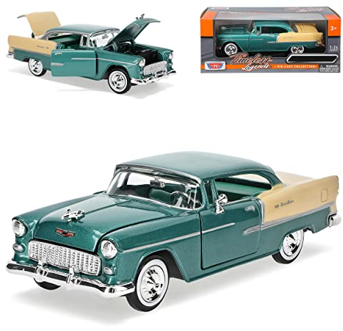 Motormax Chevrolet Chevy Bel Air 2400C Coupe Grün mit Beige 1. Generation 1953-1957 Oldtimer 1/24 Modell Auto