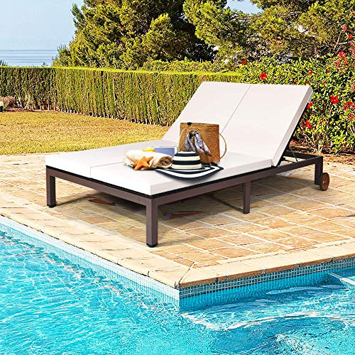 DORTALA 2-Person Patio Rattan Recliner Chair W/Wheels & Cushion, Double Wicker Daybed Chaise Lounge Chair with Adjustable Backrest, Outdoor Furniture Conversation Set for Garden Lawn, White