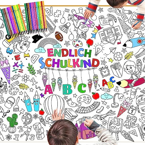 DPKOW Einschulung Kinder Ausmaltischdecke Papier Tischdecke Ausmalen Schultüte ABC 123 Schulbus Tiere Motiven with 24 Farbstifte für Jungen Mädchen Schulanfang Geschenk Schultüte Füllung