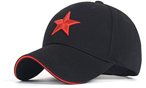 Basecap Herren Unisex-Baseballmützen aus Baumwolle mit Stickerei Roter fünfzackiger Stern Verstellbar 6-Panel-Snapback-Gorras-Schirmmütze Sonnenschirmhut, schwarz, 55-60cm
