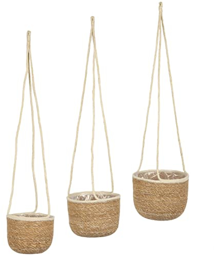 Spetebo Seegras Blumenampel 3er Set Natur - 23/20 / 17 cm - Deko Korbset zum Hängen - Pflanzkorb Blumenkorb Pflanztopf Übertopf Hängekorb Aufbewahrungskorb hängend