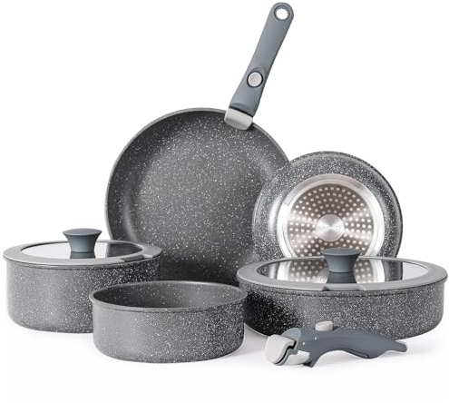 Vkoocy Pot and pan Set with Removable Handle, Nonstick Cookware Set Detachable Handle, Induction Kitchen Camping Stackable Pots Pans, Dishwasher/Oven Safe, Grey