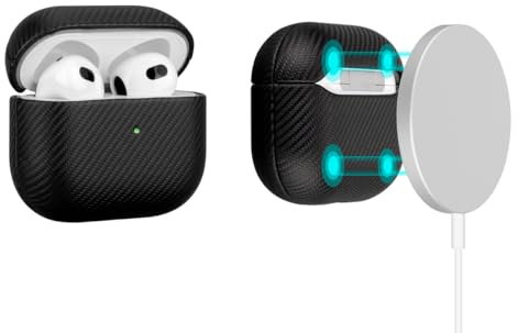 LOPIE Magnetische Hülle für AirPods 3. Generation, integrierte Magnete für MagSafe-Laden, Kohlefaser-Stil, vegane Lederhülle, für AirPods 3, Schutzhülle für Damen/Herren, Schwarz