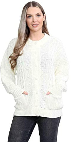 LUXFAB Women’s Cable Knit Crew Neck Cardigan – Ladies Knitted Aran Style Sweater with Front Pockets & Button Up Long Sleeve Classic Winter Knitwear UK Cream